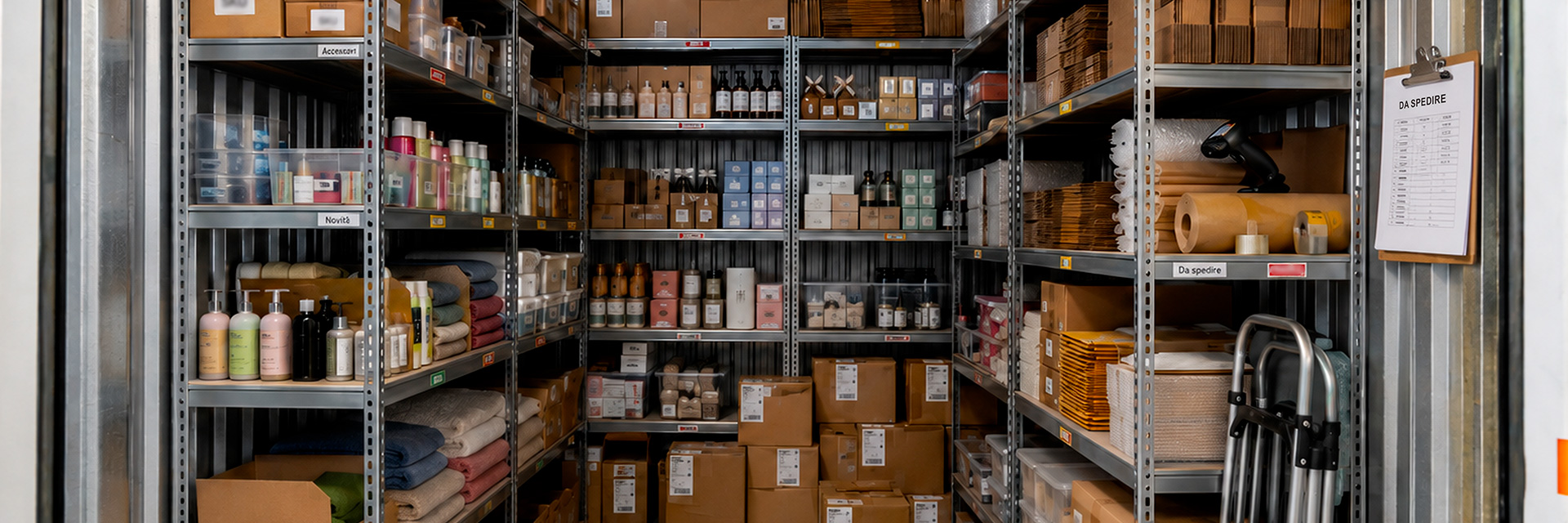 Box Maxi riempito con Scaffali Contenenti Merce per E-Commerce