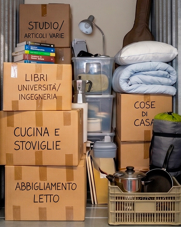 Locker con inseriti Scatoloni di Libri, Coperte, Lampada, Chiatarra, Pentole, Caffetteria e Altro